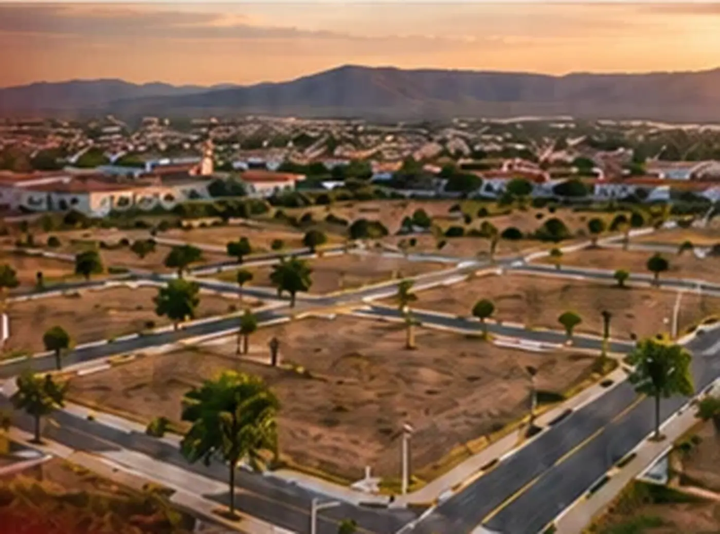 Vista aérea de loteamento horizontal com quadras demarcadas, ruas pavimentadas e arborização, próximo à área urbana